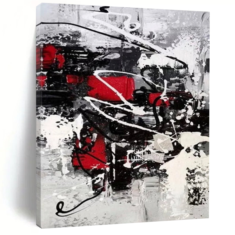 “Dynamic Red, Black, and White Abstract” - Energetic Abstract Painting On Canvas DS383