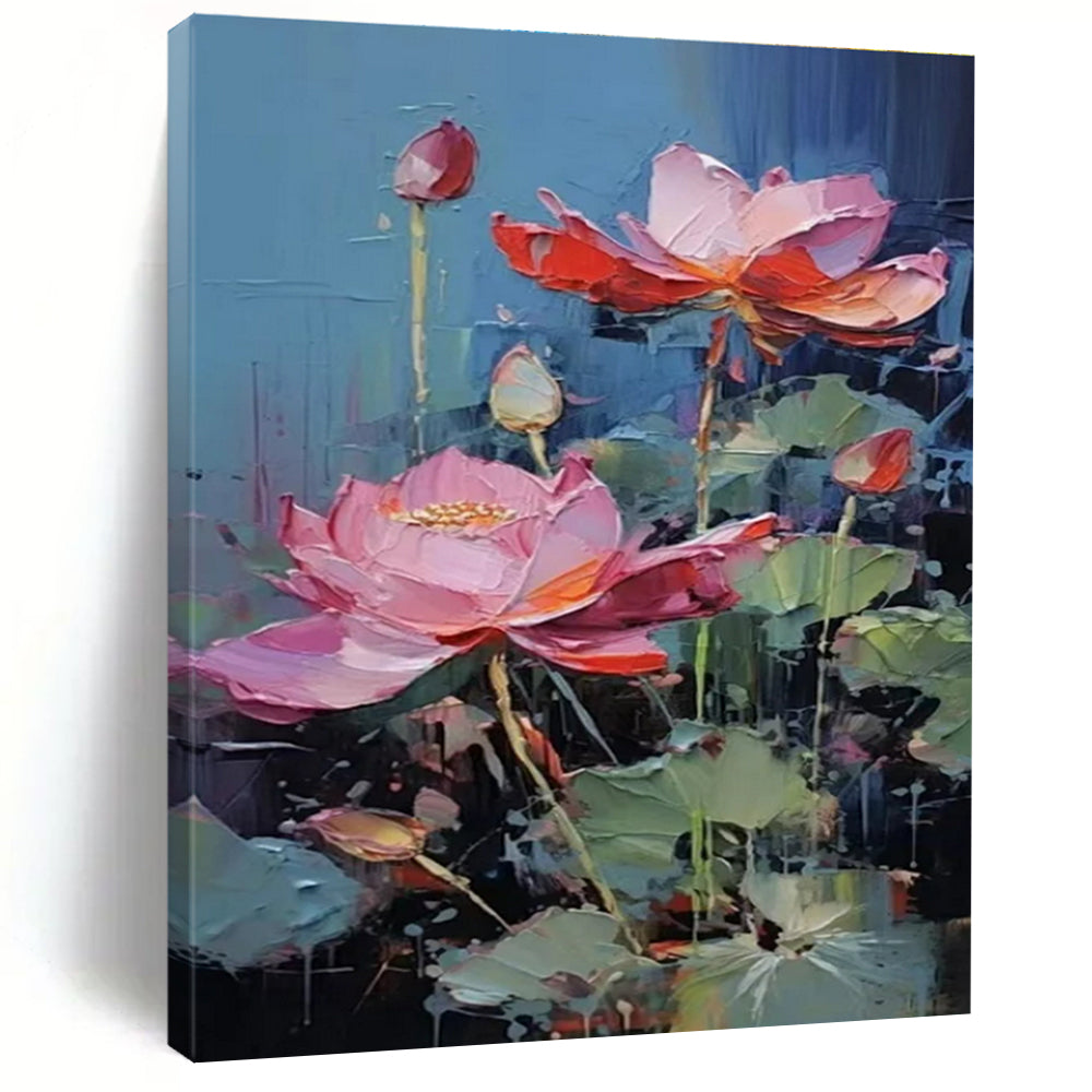 Blue, Pink, Green with Textured Lotus "Vibrant Blooms" Abstract Painting On Canvas PS1436