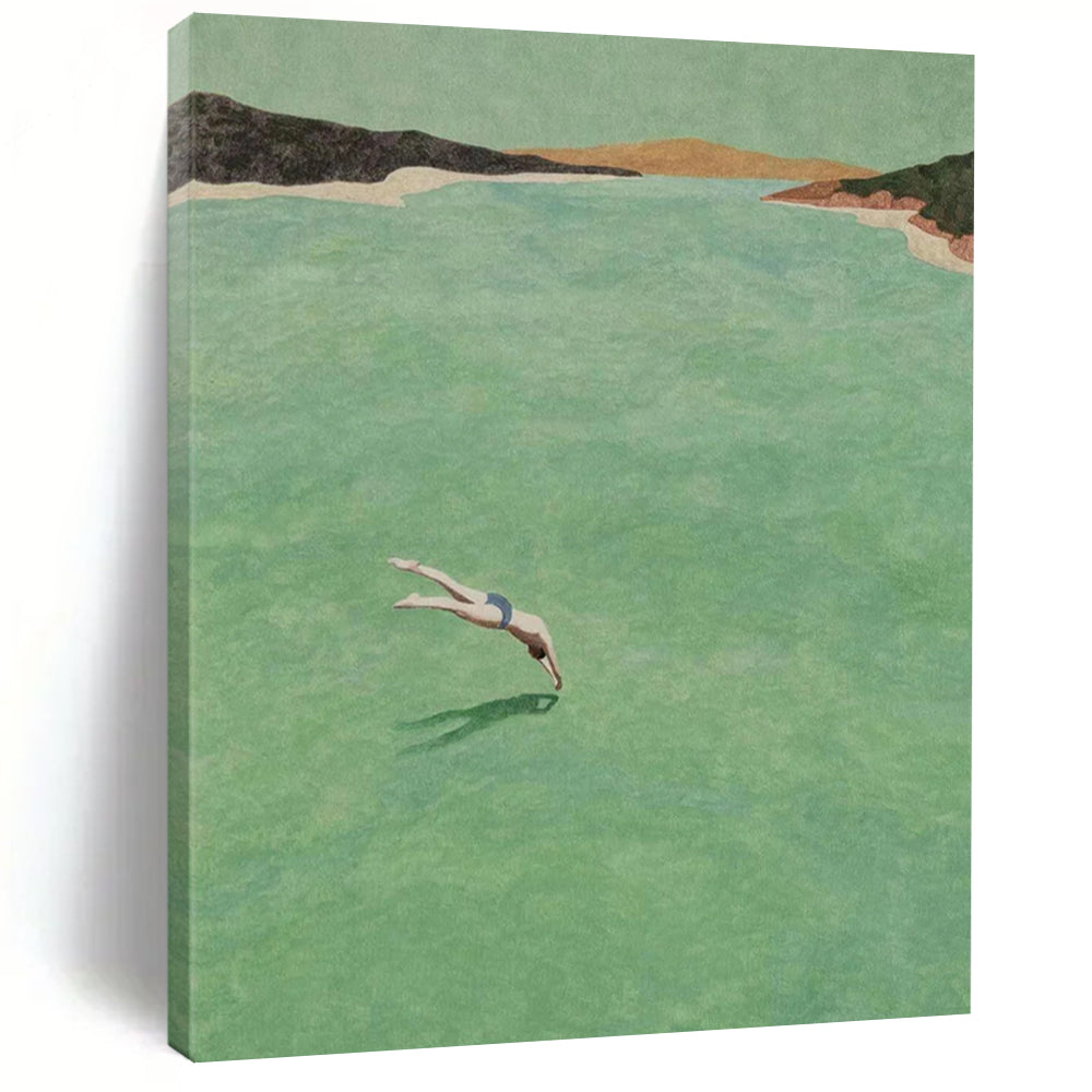 “Diving into Green Water” - Refreshing Landscape Figurative Painting On Canvas DS304