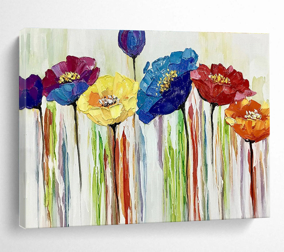 “Colorful Impasto Flowers” - Purple, Blue & Yellow Floral, Impasto Oil Painting On Canvas DKS783