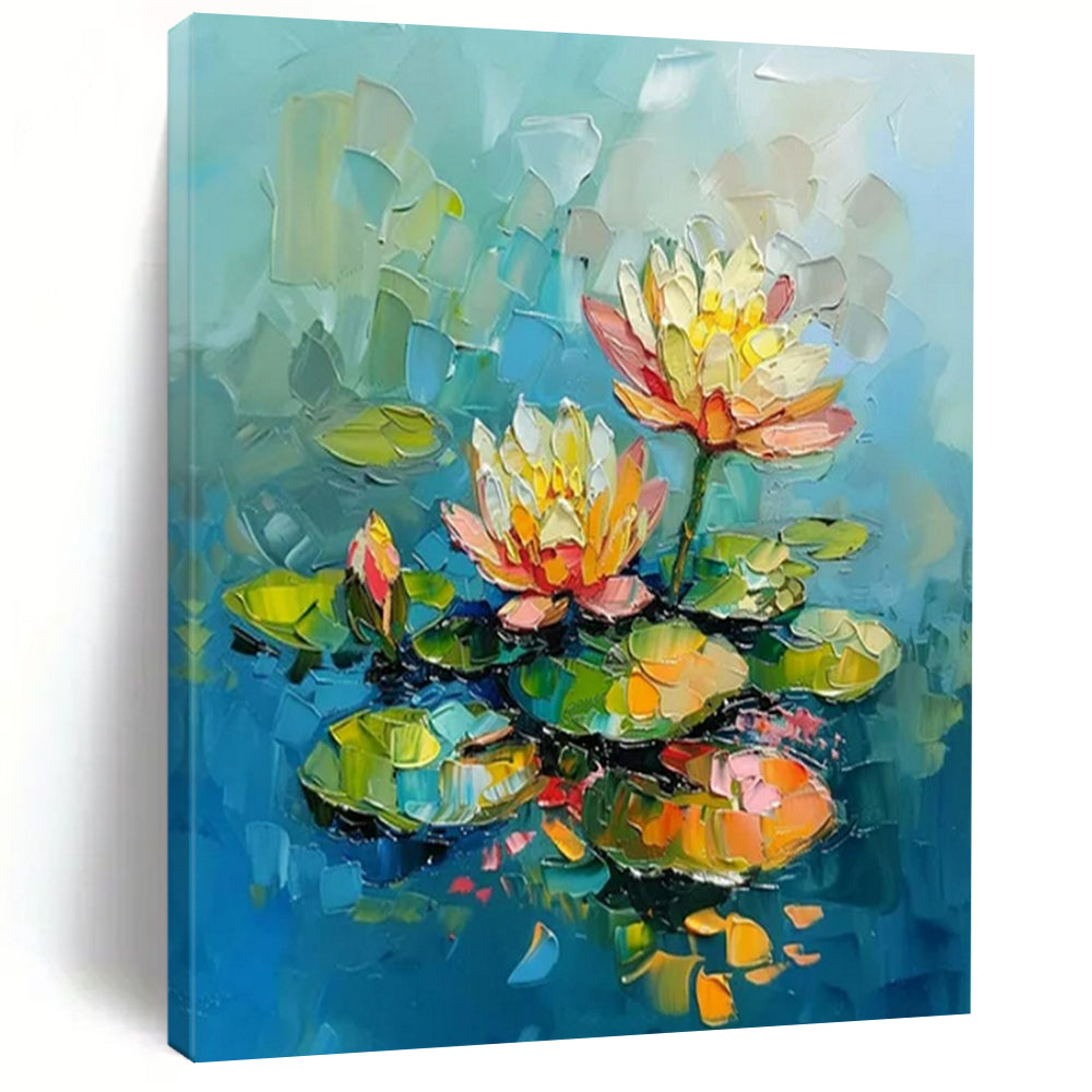 “Colorful Water Lilies” - Impasto Floral Painting On Canvas PT2240