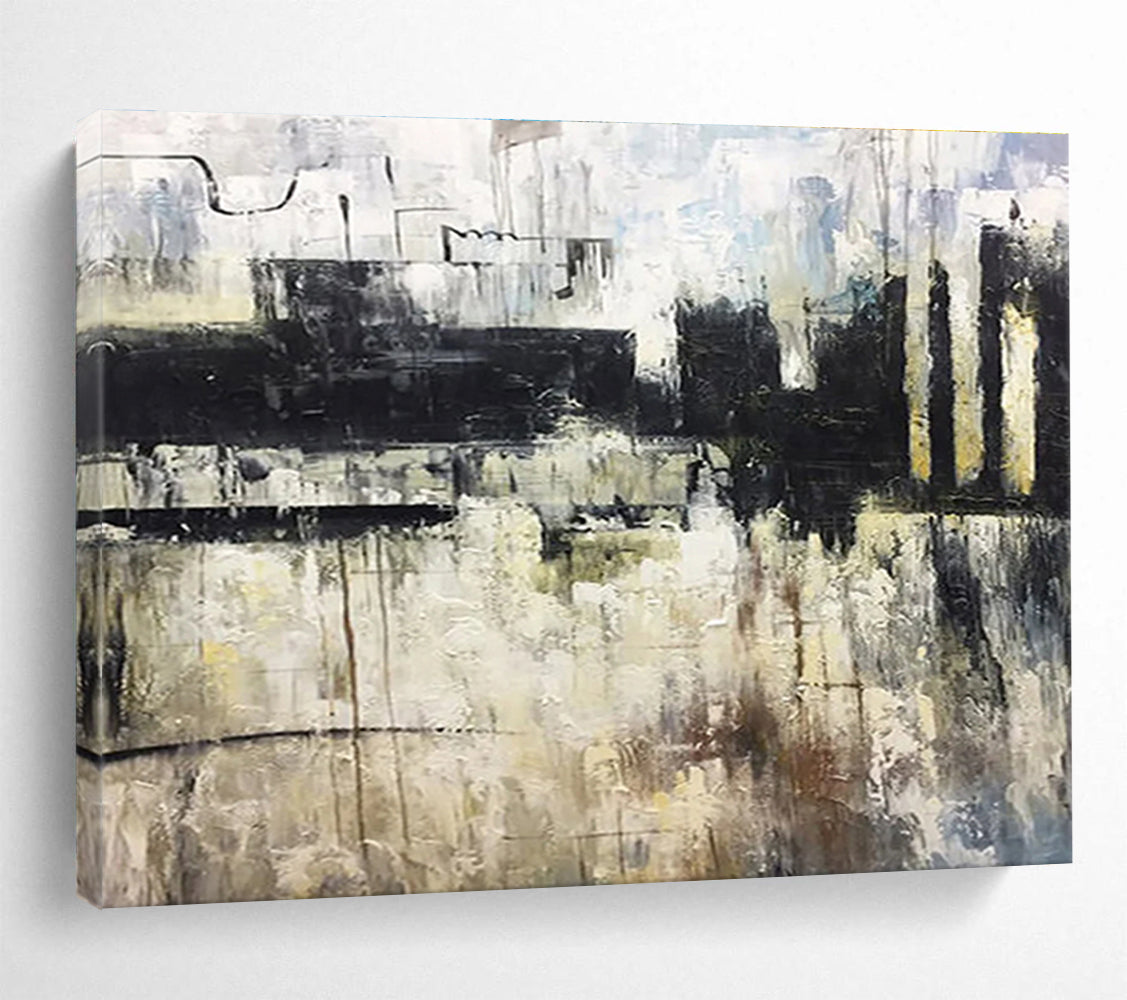 “Monochromatic Urban Abstract” - Black, White & Gray Abstract Cityscape, Moody Oil Painting On Canvas DKS717