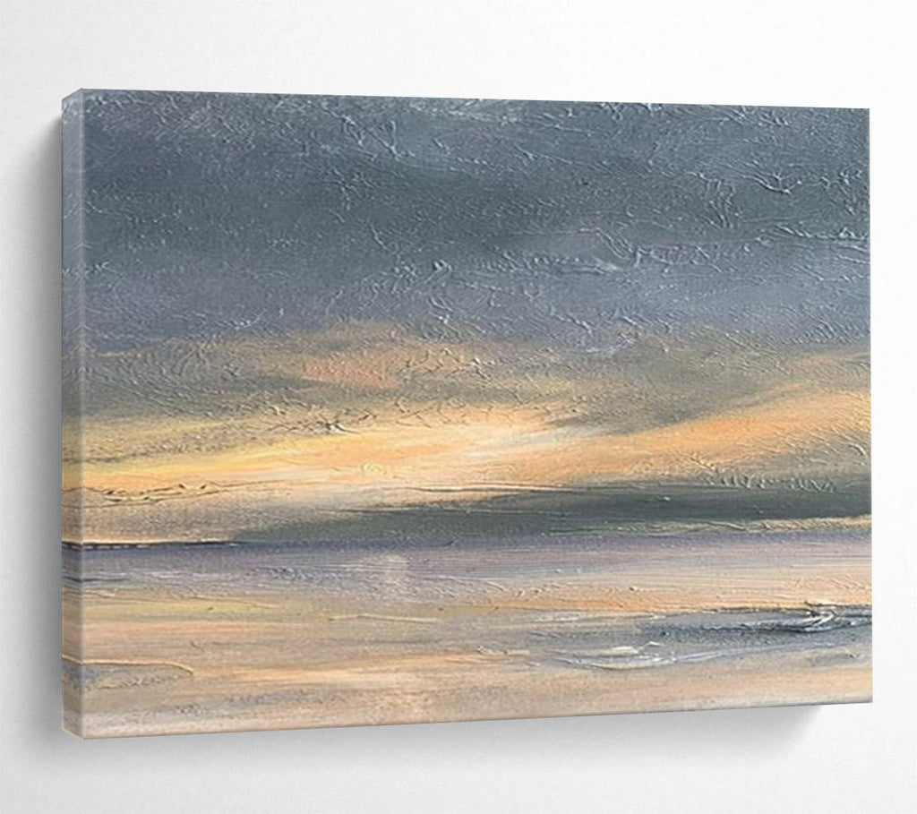“Subtle Abstract Sunset in Gray, Orange & Neutrals” - Minimalist Seascape Painting On Canvas PT016