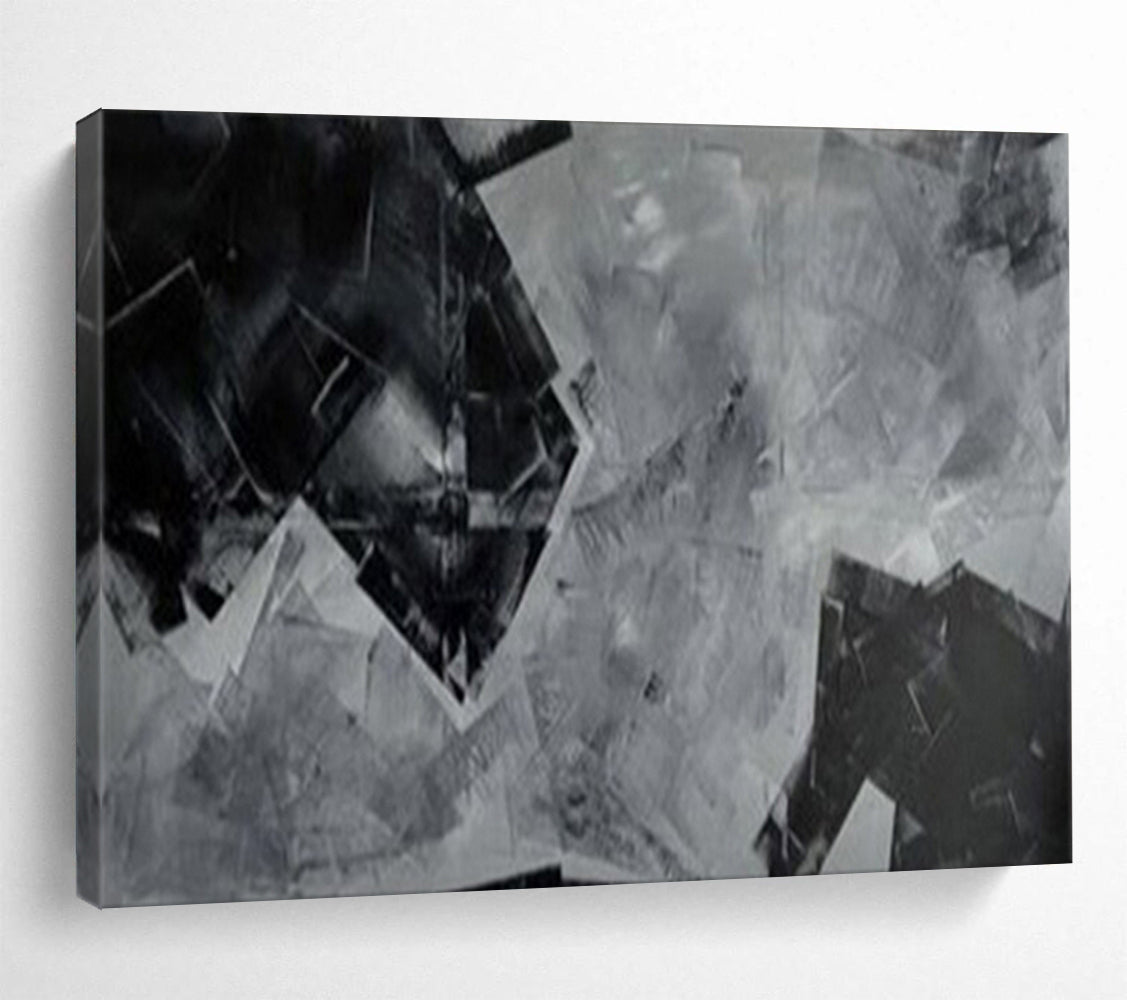 “Black - White Geometric Collage” - Abstract Cubist - Painting On Canvas PT1732