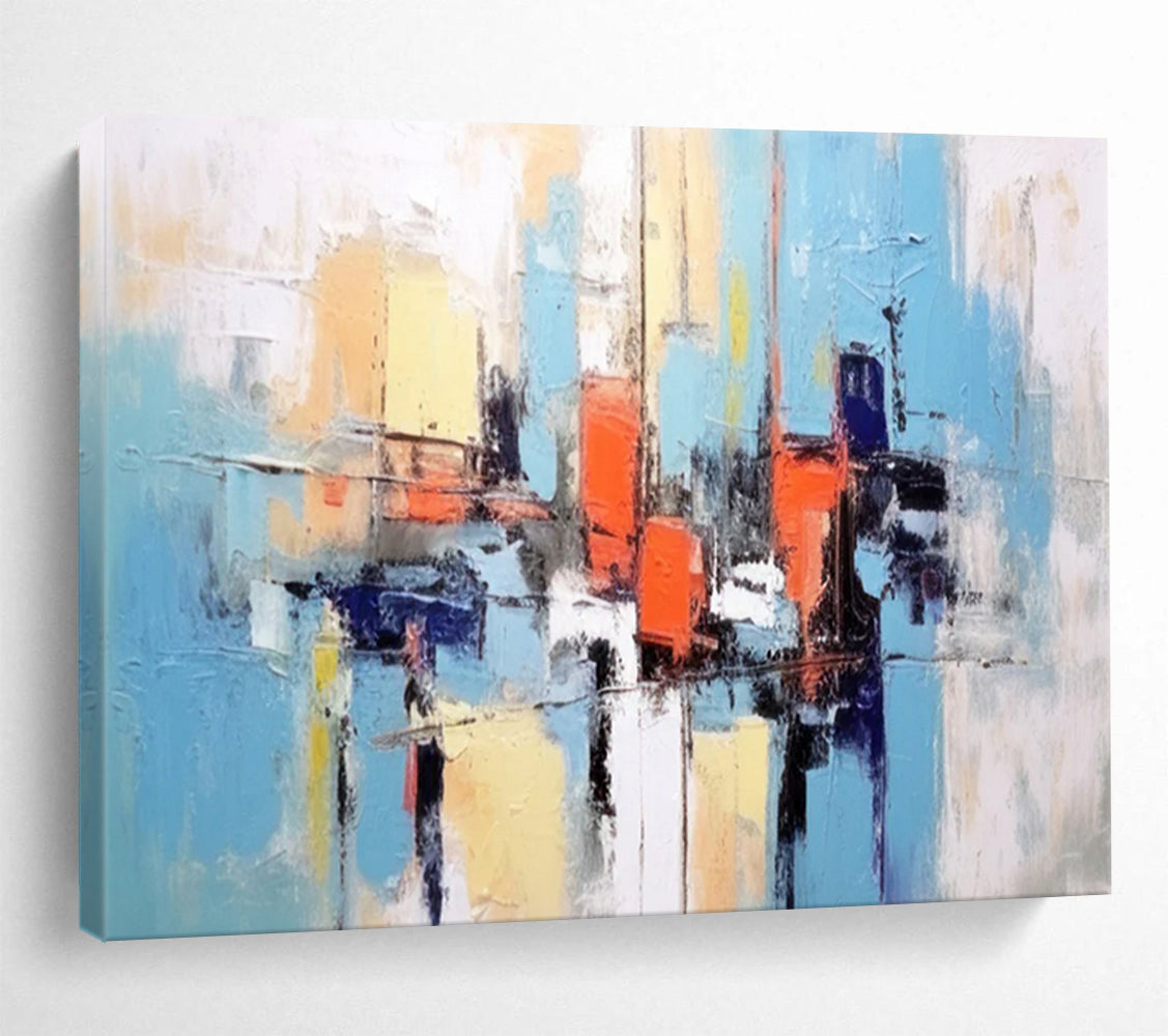 “Abstract City in Blue, Orange, and Yellow” - Modern Urban Painting On Canvas PT068
