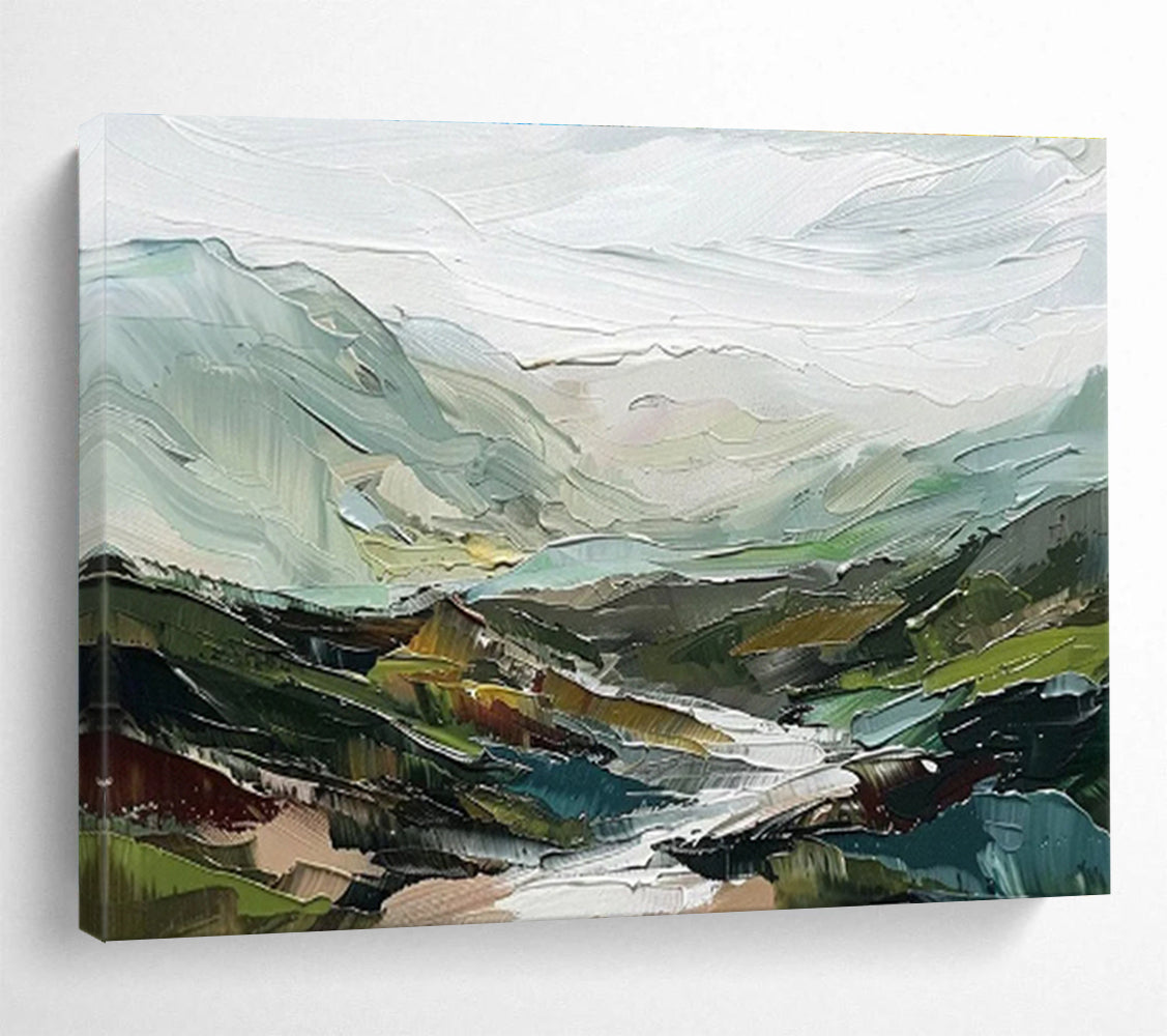 “Textured Mountainscape” - Green, Blue & Gray Abstract, Palette Knife Painting On Canvas DKS725