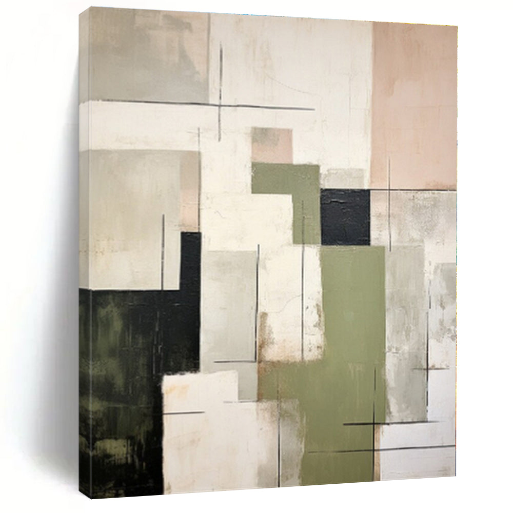 “Mixed Geometric Tones” - Green, Black, Beige Abstract Geometric Painting On Canvas PS0396
