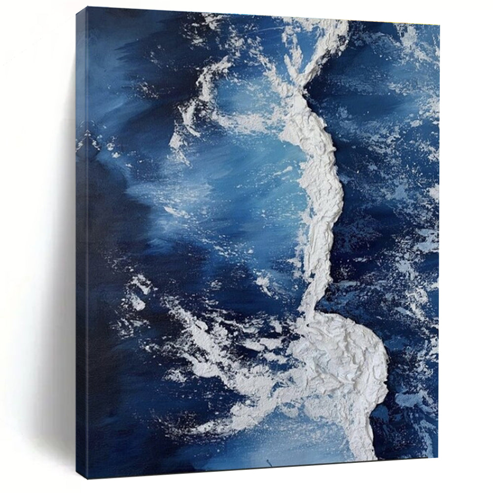“Blue & White Ocean Currents” - Blue, White Abstract Seascape Painting On Canvas PS0669