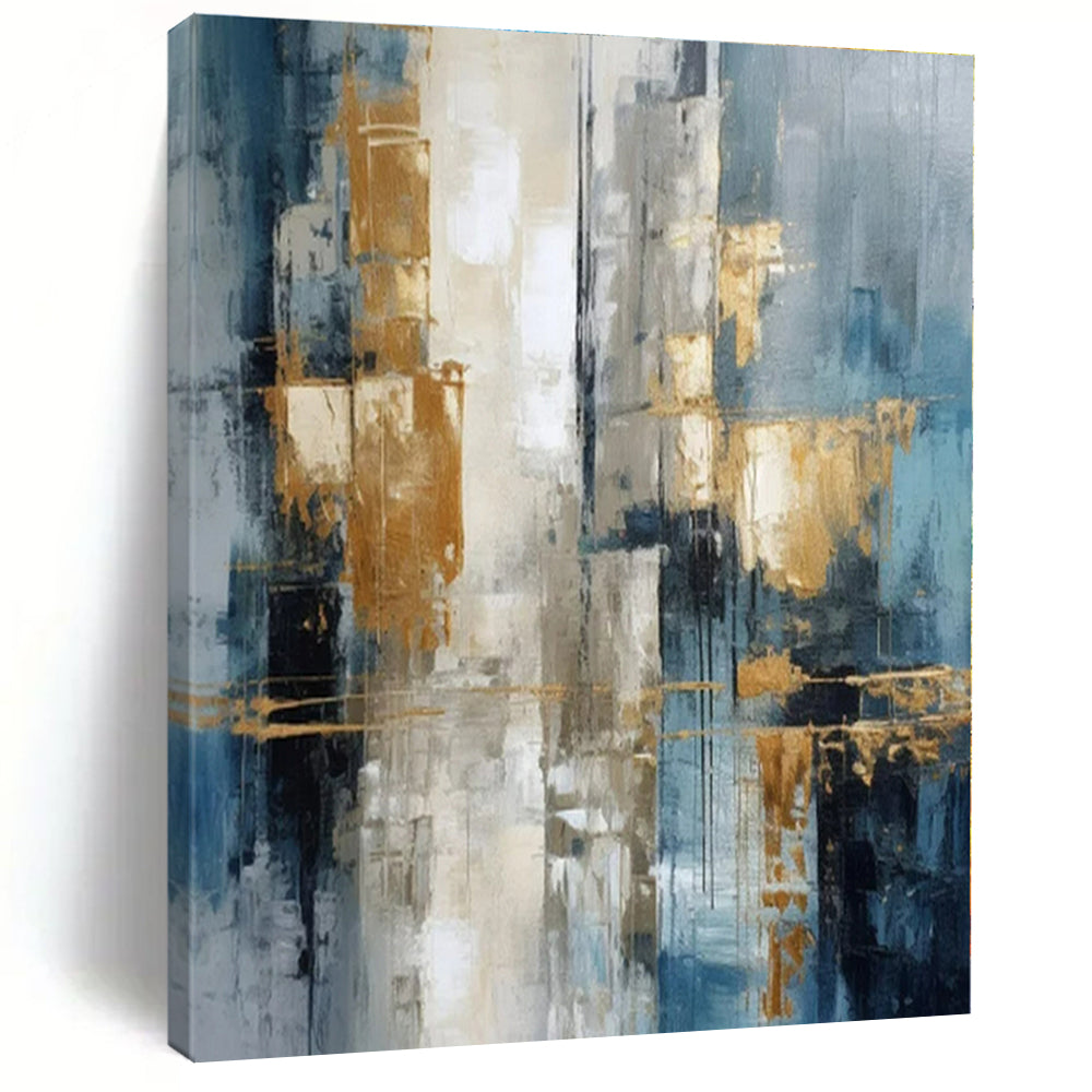 Blue, Gold, Gray with Abstract Forms "Gilded Skies" Abstract Painting On Canvas PS1257