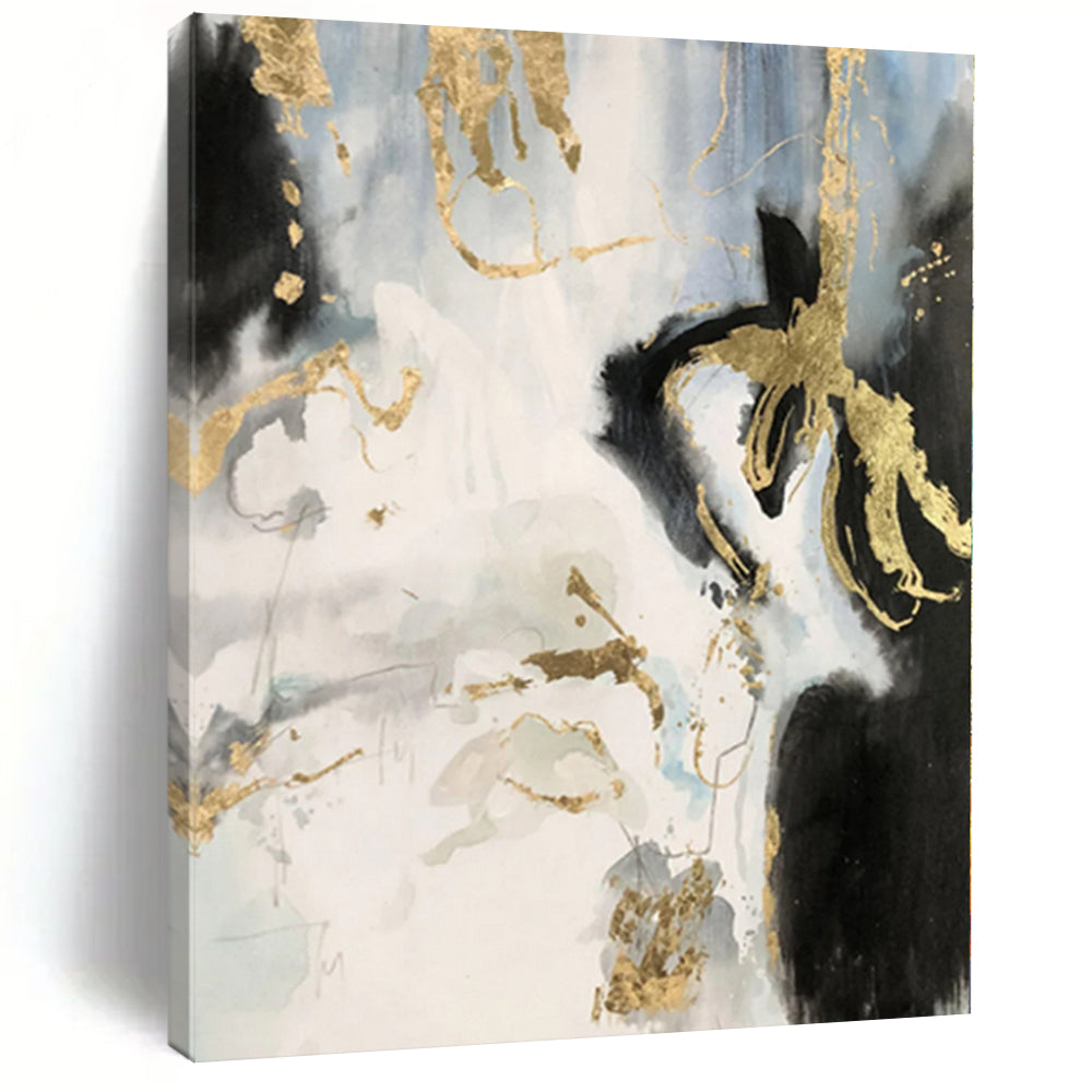 “Blue - White - Gold Abstract Fluid Shapes” - Luxe Abstract Painting On Canvas PS0363