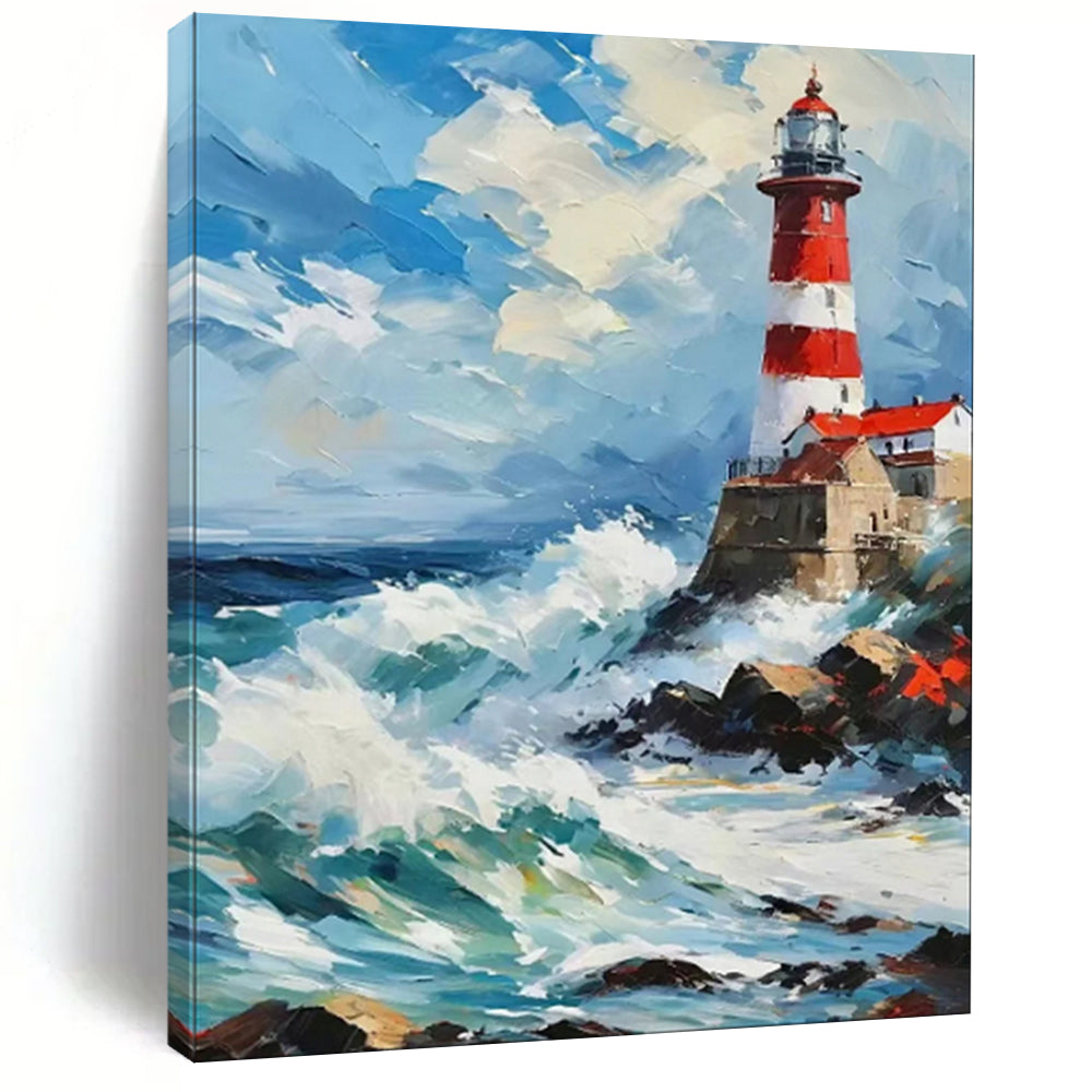 “Impasto Lighthouse in Stormy Seas” - Impasto Maritime Painting On Canvas PT1892
