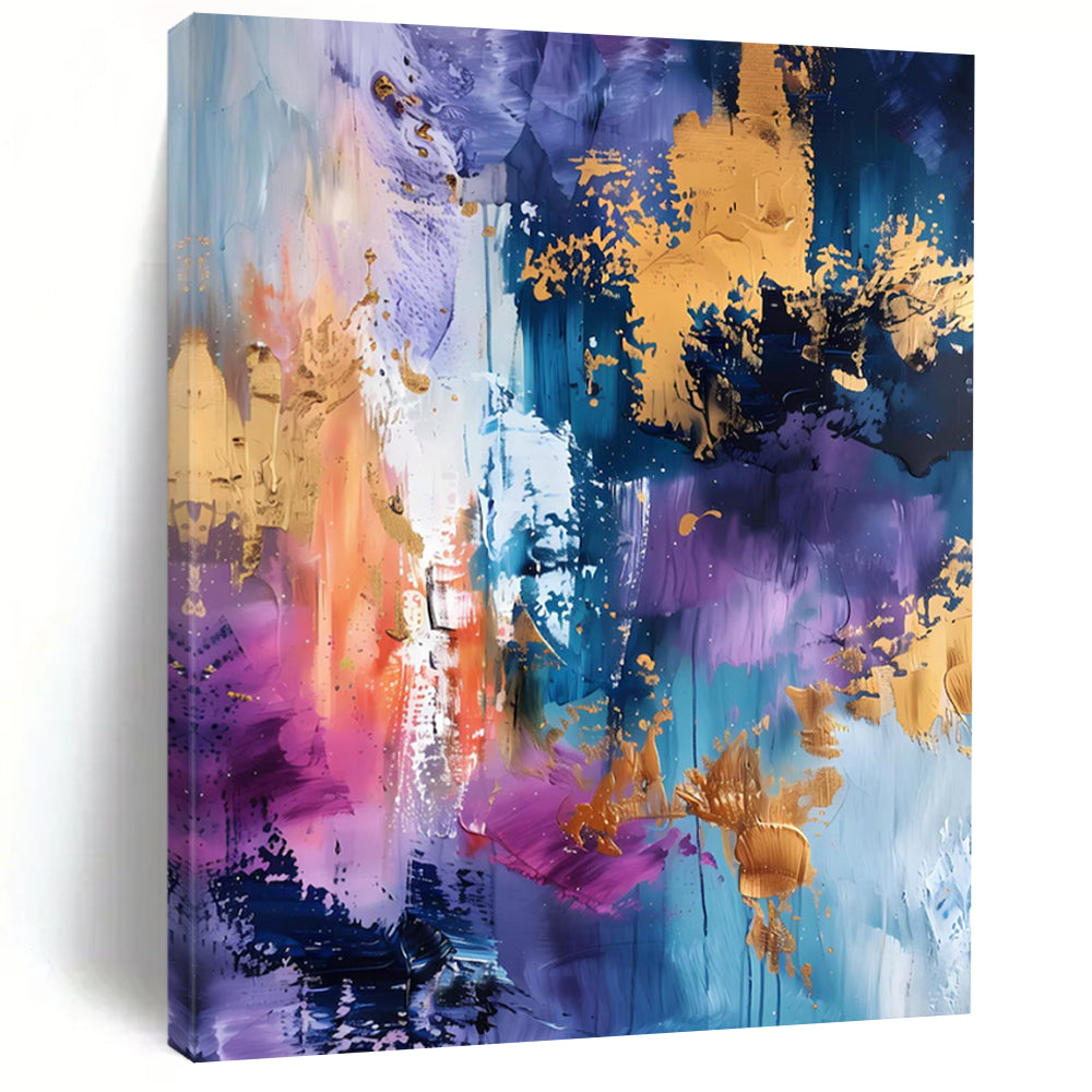 “Purple, Blue & Gold Abstract Splash” - Luxe Abstract Painting On Canvas DS282