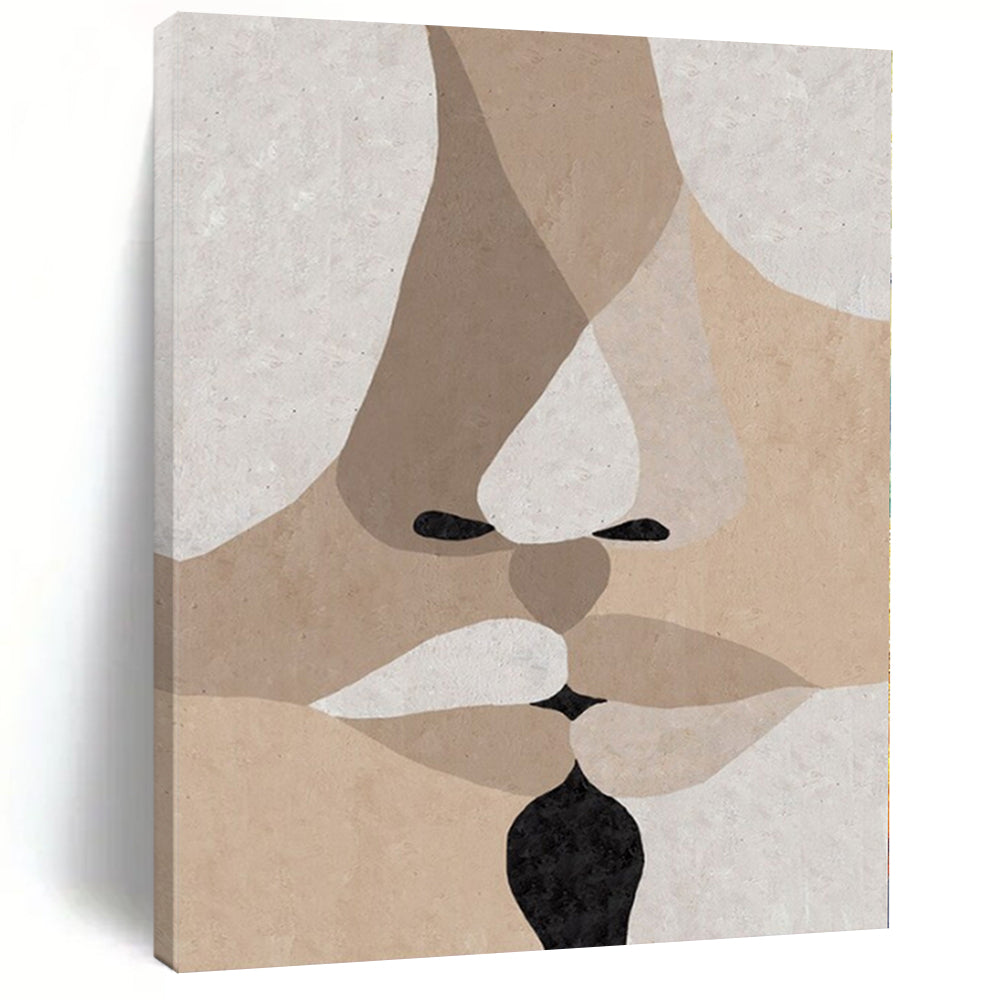 Beige, Brown, White and Black with Layered Facial Forms "Intimate Fusion" Abstract Painting On Canvas PS1157