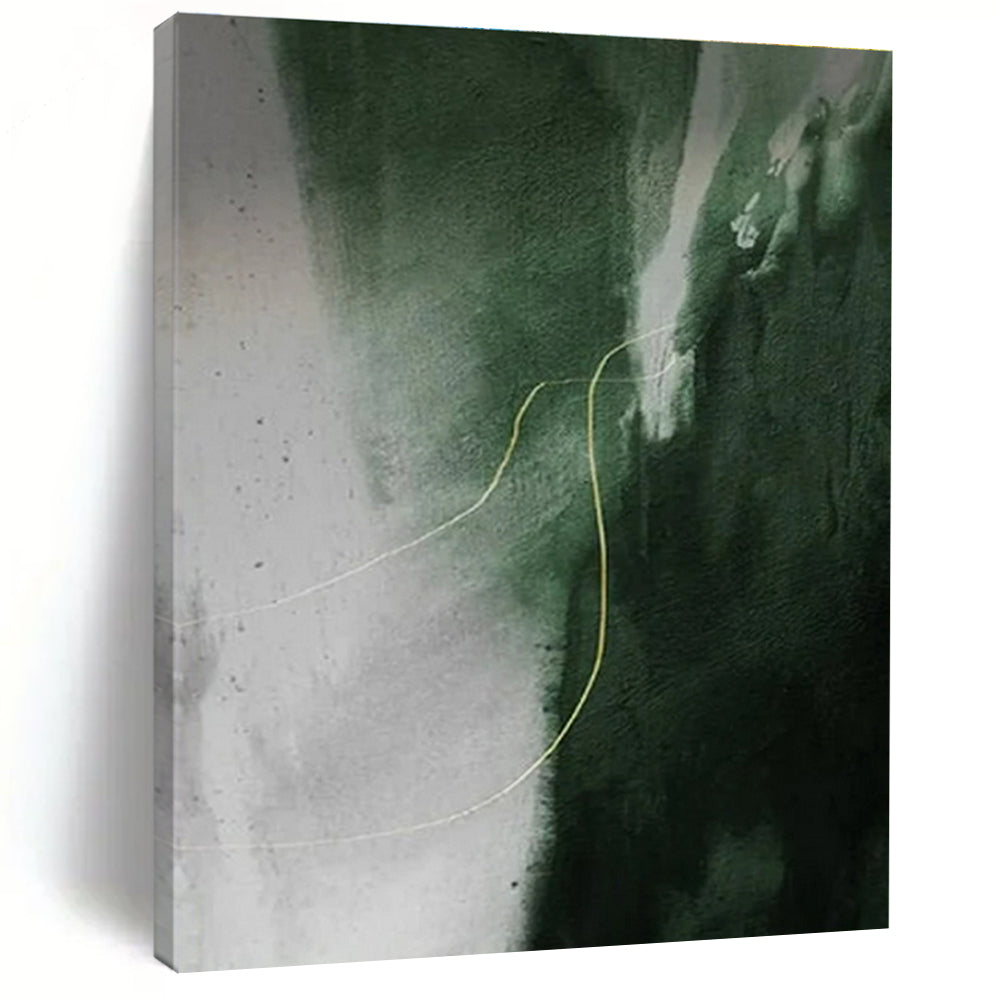 “Green - Yellow Abstract Line” - Green, Gray, Yellow Abstract Minimalist Painting On Canvas PS0649