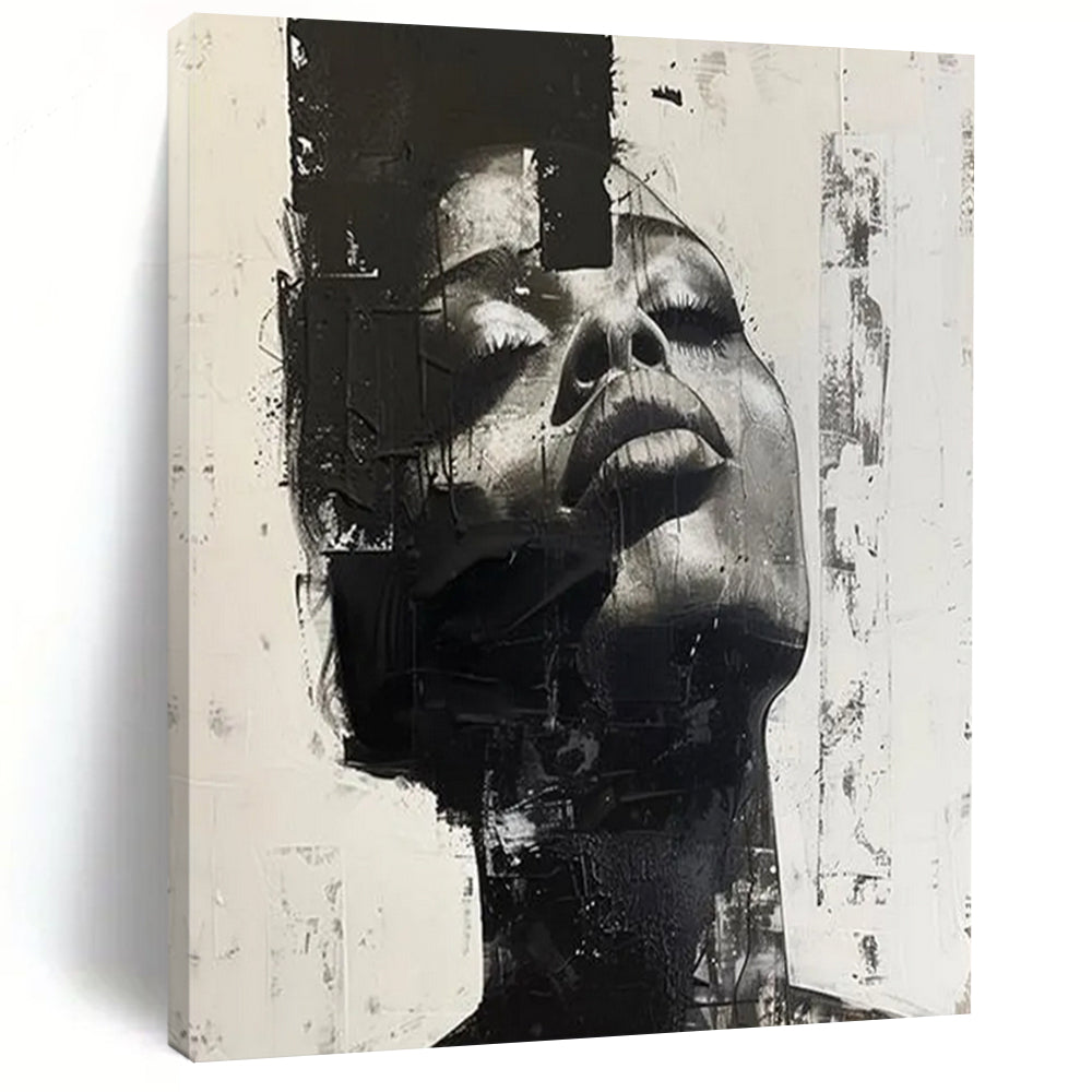 “Abstract Portrait” - Textured Black & White Facial Layers Painting On Canvas DS139