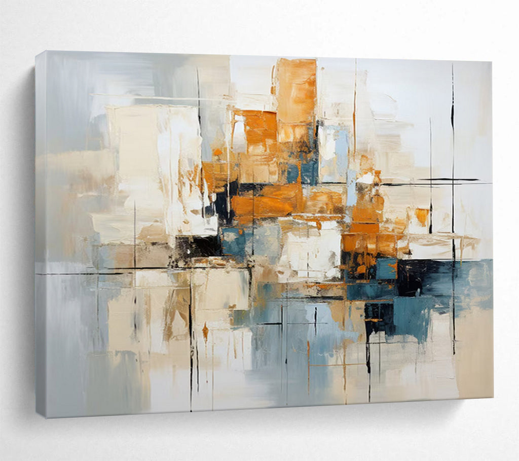 “Abstract Cityscape in Gray, Orange & Blue” - Modern Urban Impasto Painting On Canvas PT006