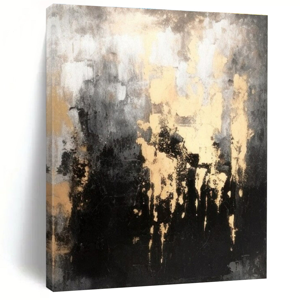“Gilded Grayscale Drip” - Black, Gray, Gold Abstract Textured Painting On Canvas PS0622