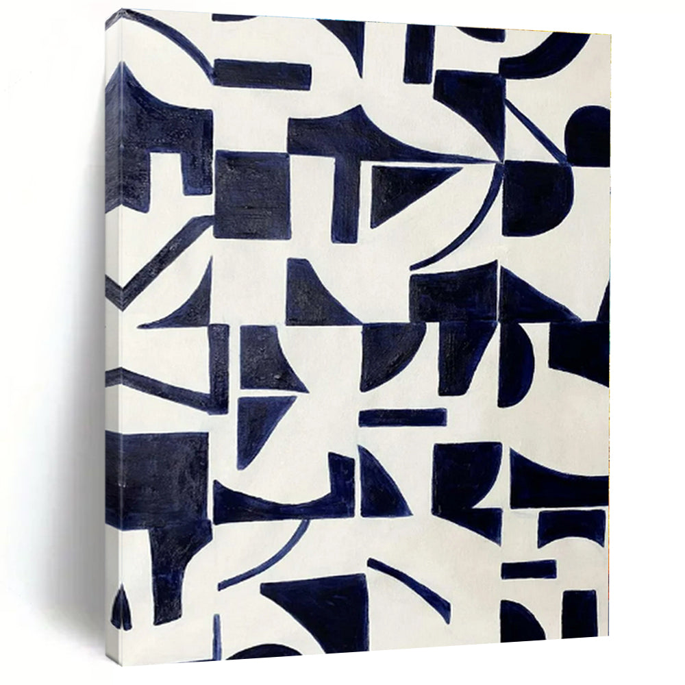 Navy, White with Geometric Shapes "Geometric Pulse" Abstract Painting On Canvas PS1327