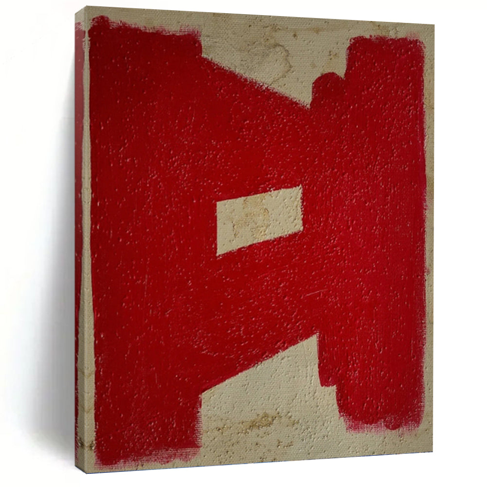 “Red Geometric Shape on Beige” - Bold Color Block Abstract Painting On Canvas PT1076