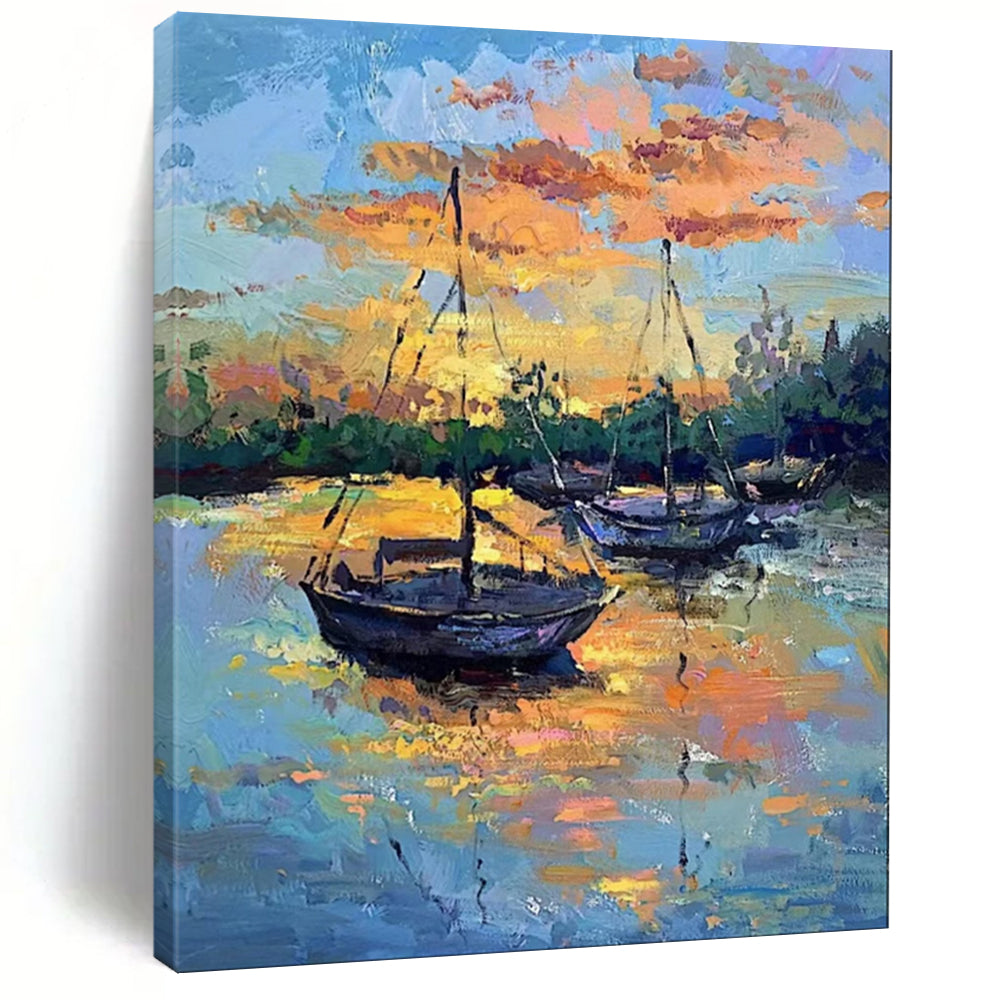 “Vibrant Impasto Sailboats at Dusk” - Impasto Landscape Painting On Canvas PT1894