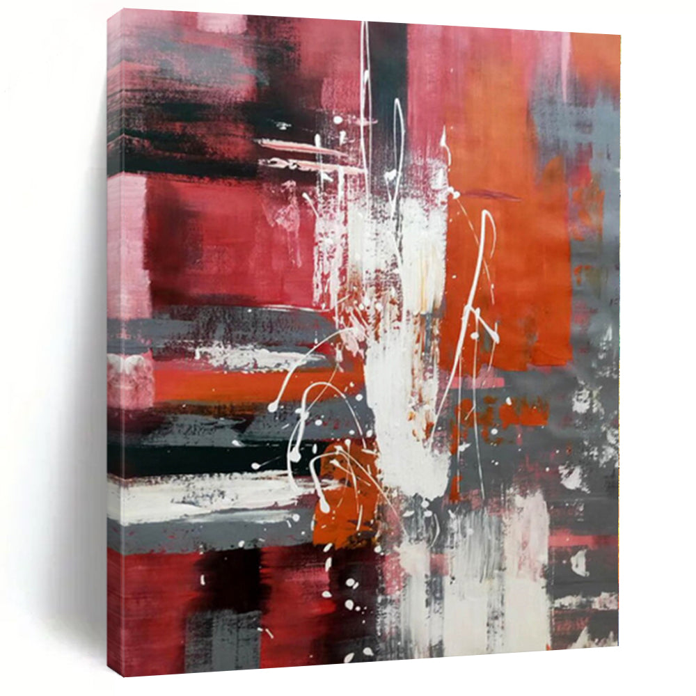 “Red - Grey - White Abstract Energetic Splashes” - Dynamic Abstract Painting On Canvas PS0313