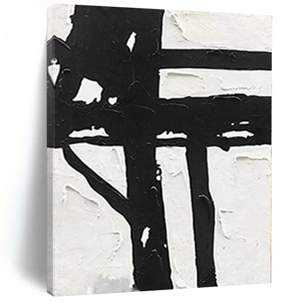 “Textured Black - White Abstract Cross” - Tactile Abstract Painting On Canvas PS0279