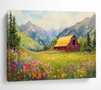 “Idyllic Mountain Barn” - Green, Yellow & Pink Landscape, Folk - Art Inspired Painting On Canvas DKS727