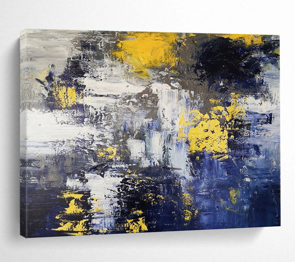 Yellow Splash: Blue, Yellow & Gray Abstract Expressionist Painting for Modern Living Room & Artistic Café DKS649