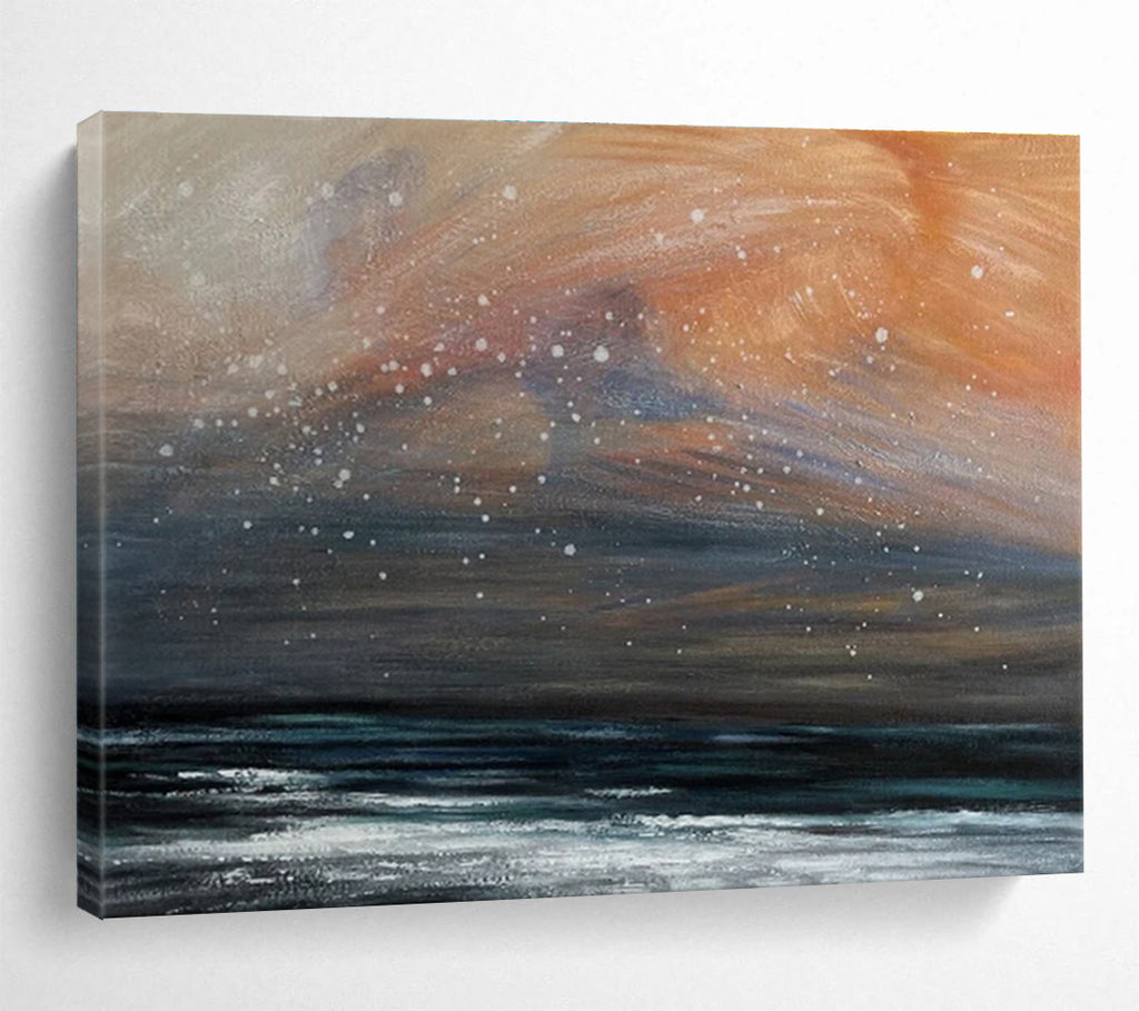 Orange and Grey Sky Over Dark Sea with Snow Seascape Painting On Canvas DKS110