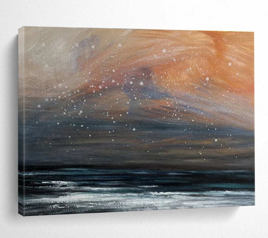 Orange and Grey Sky Over Dark Sea with Snow Seascape Painting On Canvas DKS110