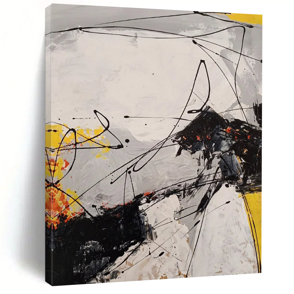 Black - White - Yellow - Orange Energetic Drips Abstract Expressionist Painting On Canvas DS054