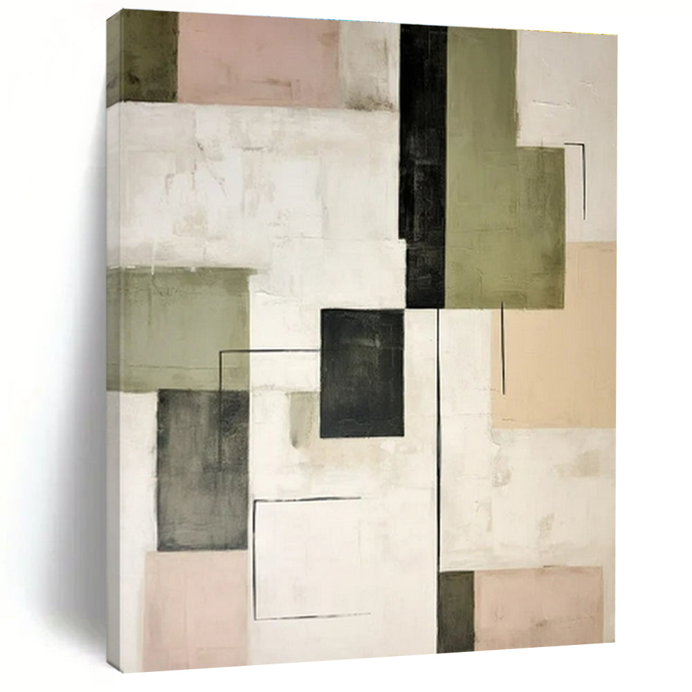 Green, Gray, Black, Beige, Pink with Geometric Forms "Playful Grid" Abstract Painting On Canvas PS1446