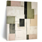Green, Gray, Black, Beige, Pink with Geometric Forms "Playful Grid" Abstract Painting On Canvas PS1446