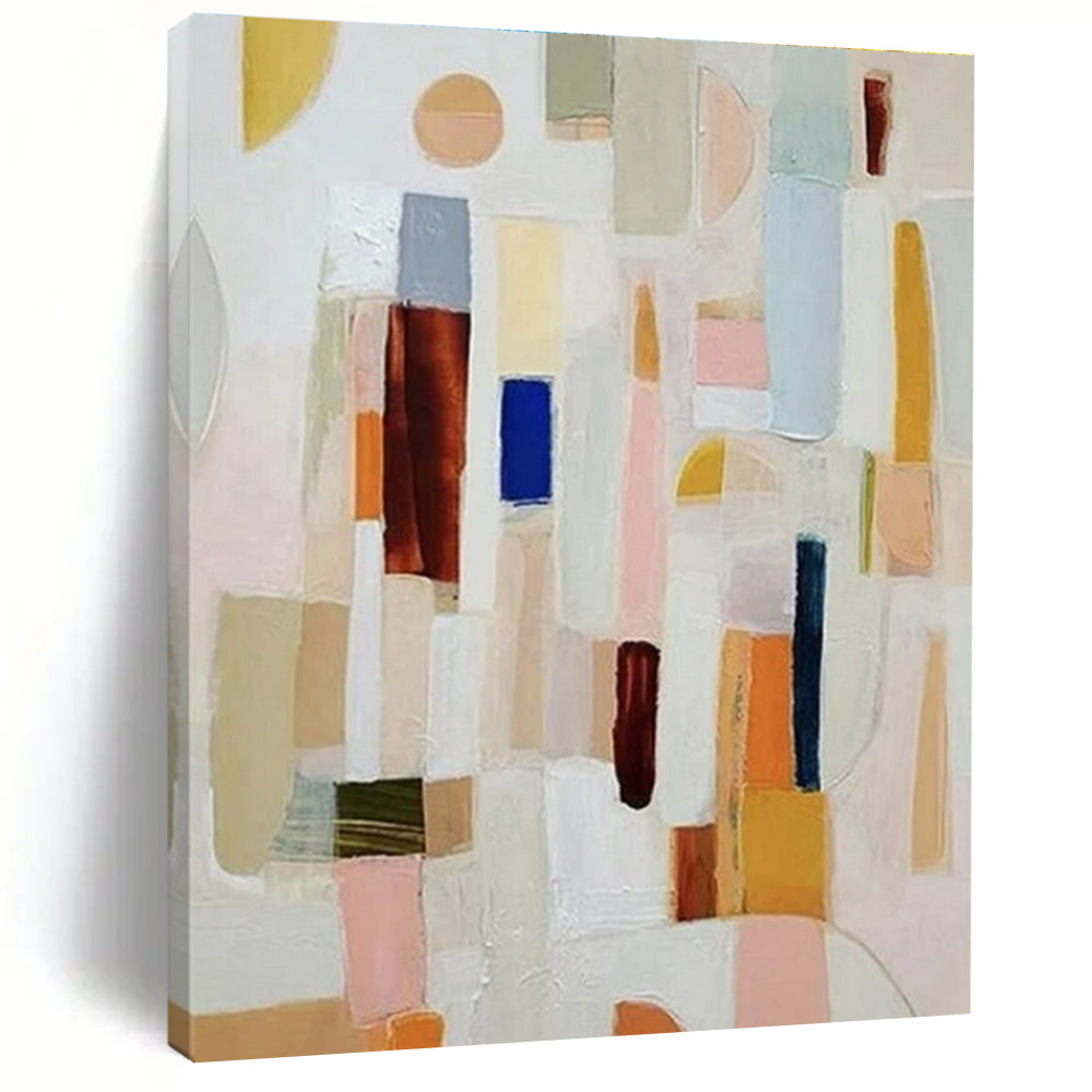 “Colorful Abstract Blocks” - Multicolor, Pink, Blue, Yellow, Brown Abstract Cubist Painting On Canvas PS0659