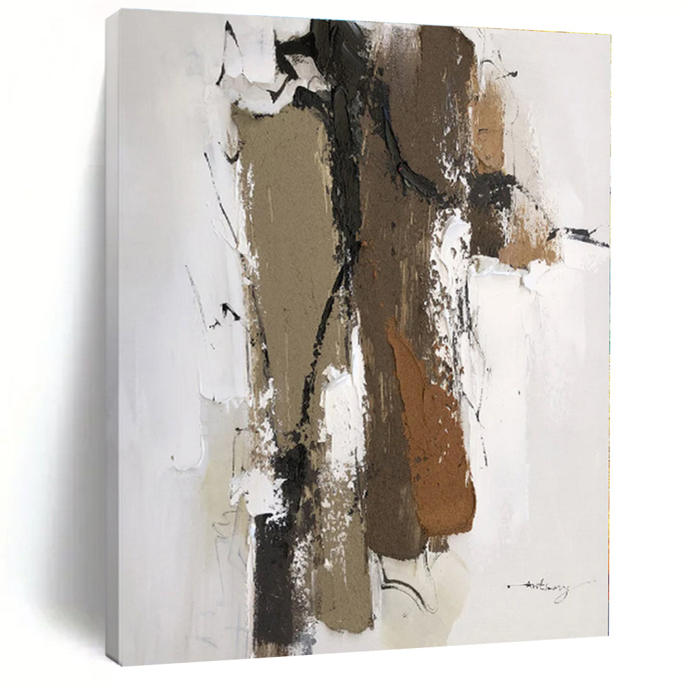 “Brown - White Layered Abstraction” - Brown, White, Black Abstract Painting On Canvas PS0496