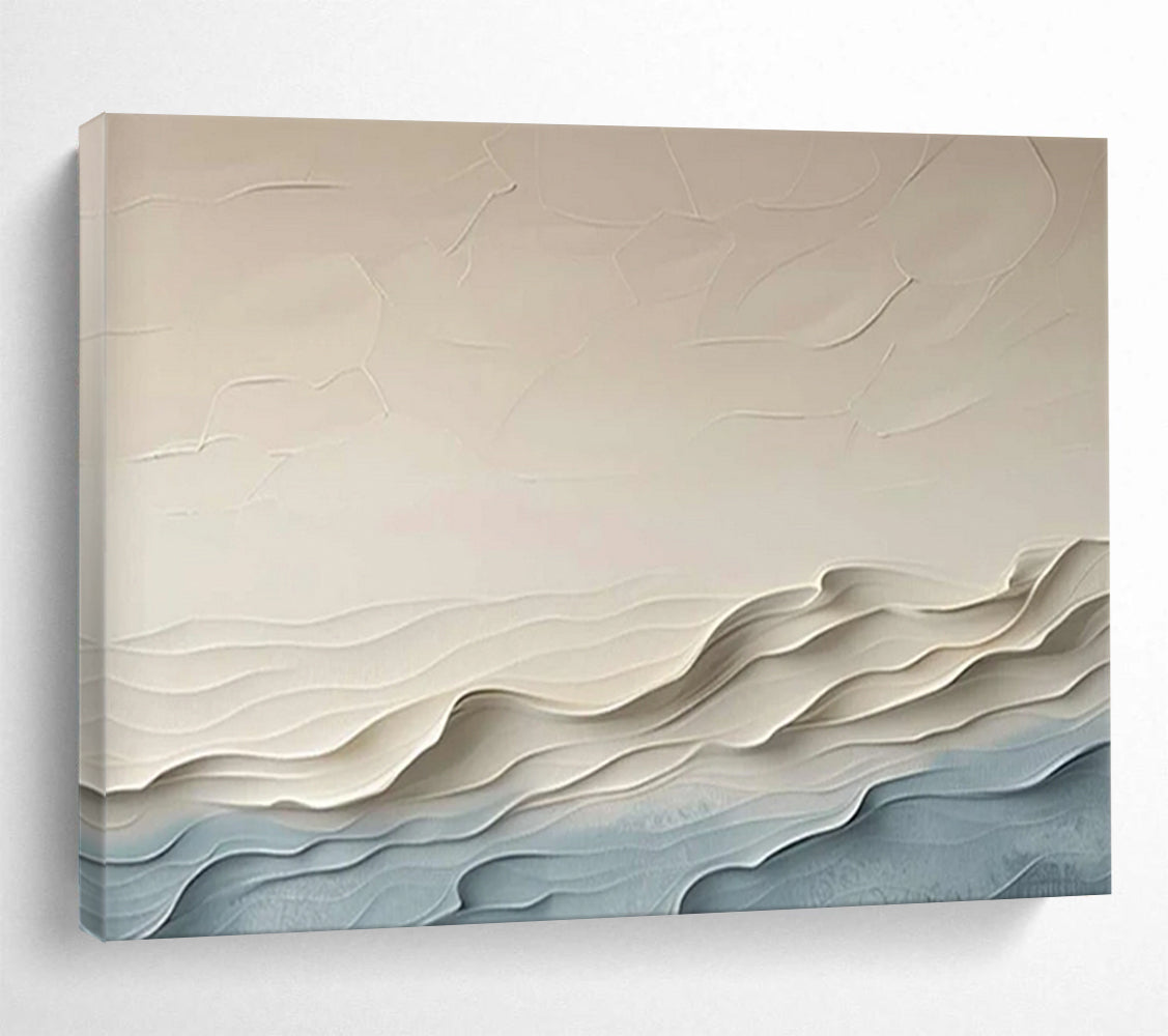 “Beige & Blue Textured Waves” - 3D Abstract Landscape Painting On Canvas PT251