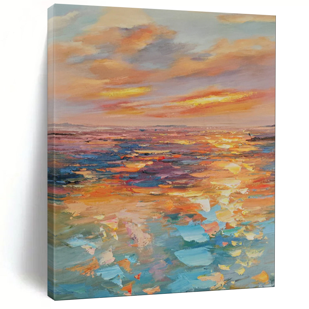 “Rainbow - Hued Impasto Ocean Sunset” - Impasto Landscape Painting On Canvas PT1898