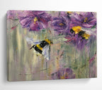 “Buzzing Bee & Flower Delight” - Purple Floral, Impressionistic Insect Painting On Canvas DKS718