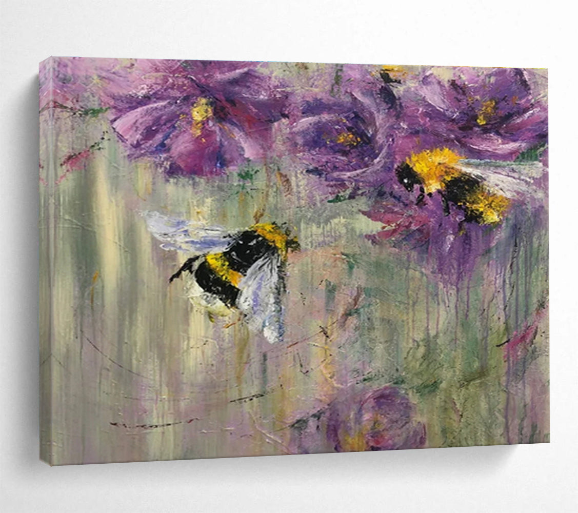 “Buzzing Bee & Flower Delight” - Purple Floral, Impressionistic Insect Painting On Canvas DKS718