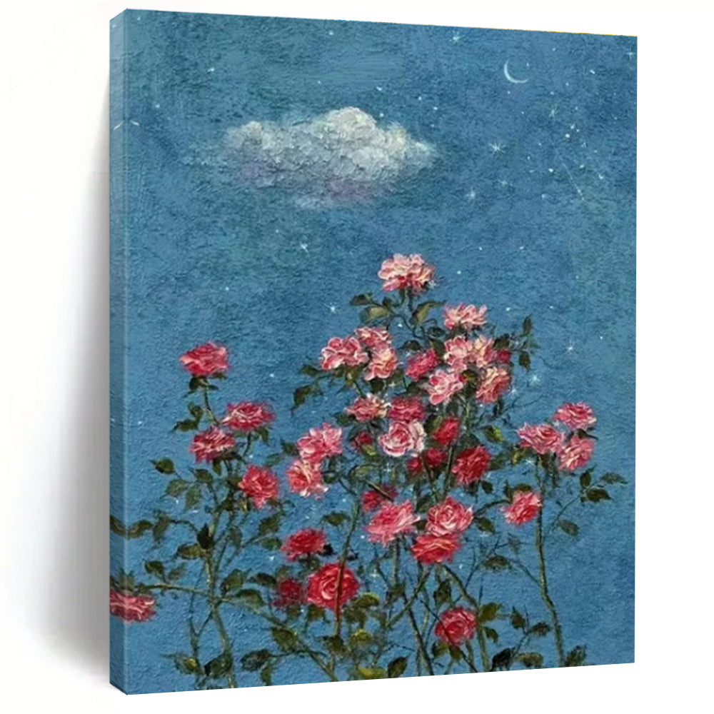 Blue, Pink, Green with Roses and Sky Elements "Starry Blossoms" Abstract Painting On Canvas PS1454