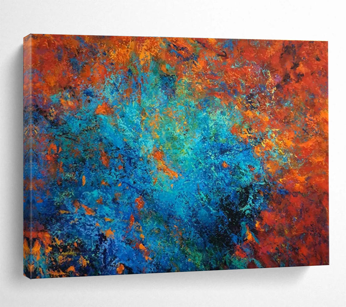 “Fiery Blue Abstract Burst” - Red, Blue & Orange Abstract, Energetic Acrylic Painting On Canvas DKS723