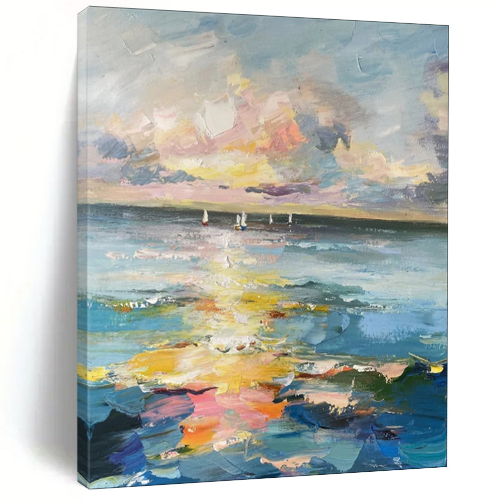 “Colorful Impasto Sunset Ocean with Sailboats” - Impasto Seascape Painting On Canvas PT1896