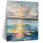 “Colorful Impasto Sunset Ocean with Sailboats” - Impasto Seascape Painting On Canvas PT1896