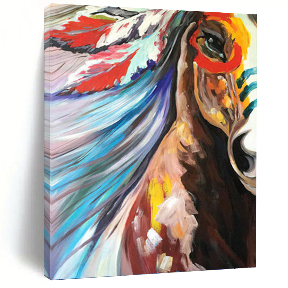 “Colorful Horse with Feather Headdress” - Expressionist - Inspired Animal Painting On Canvas PT1426