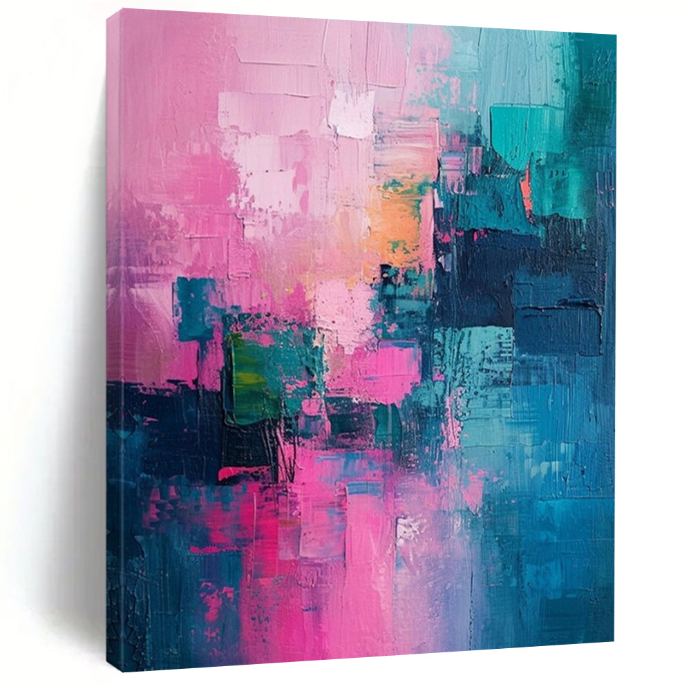 Pink, Teal, Gold, and Blue Patchwork, "Vibrant Mosaic" – Colorful Abstract Painting On Canvas PS1012