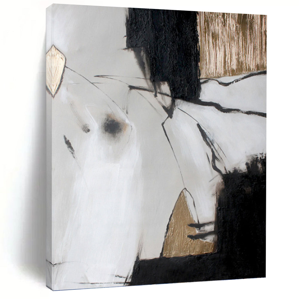 “Black, White and Gold Abstract” - Minimalist Luxe Painting On Canvas PT1005