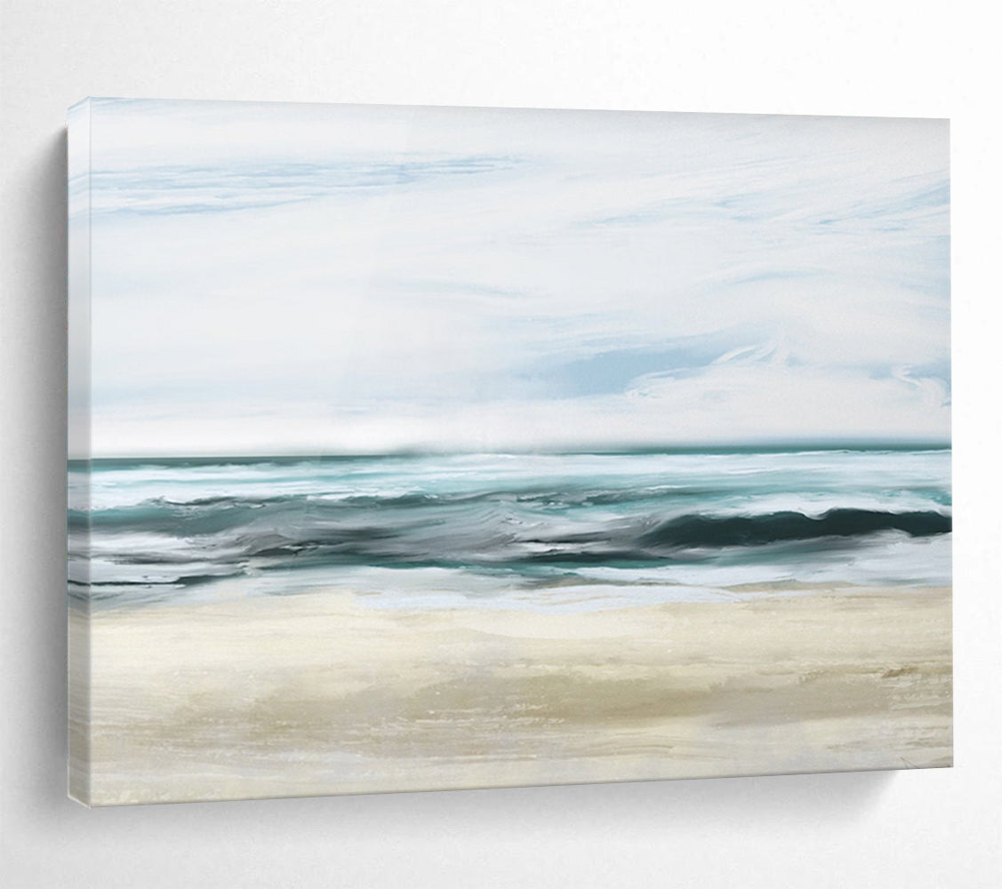 “Soft Blue and Beige Seaside Landscape” - Impressionistic Seascape Painting On Canvas PT128