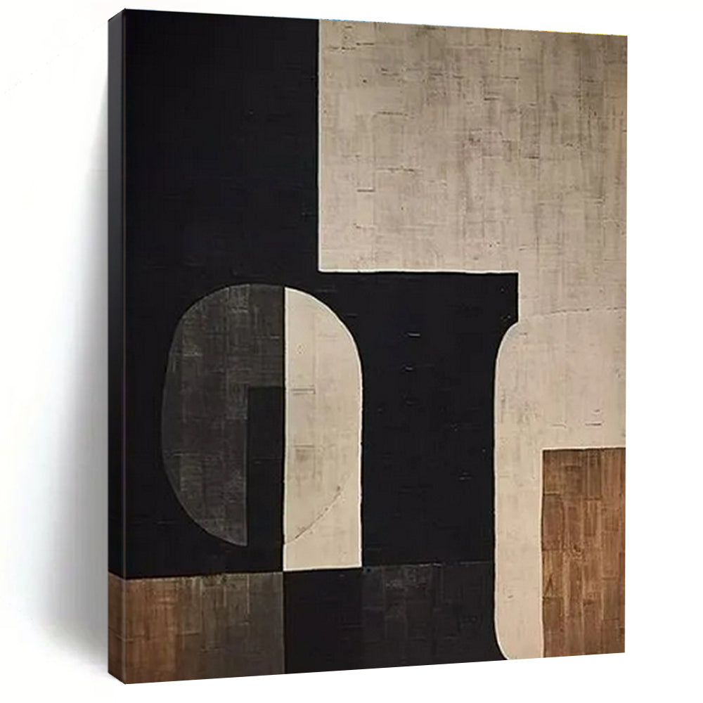 Black, Beige & Brown Geometric Abstract "Suburban Geometry" Painting On Canvas PS0862