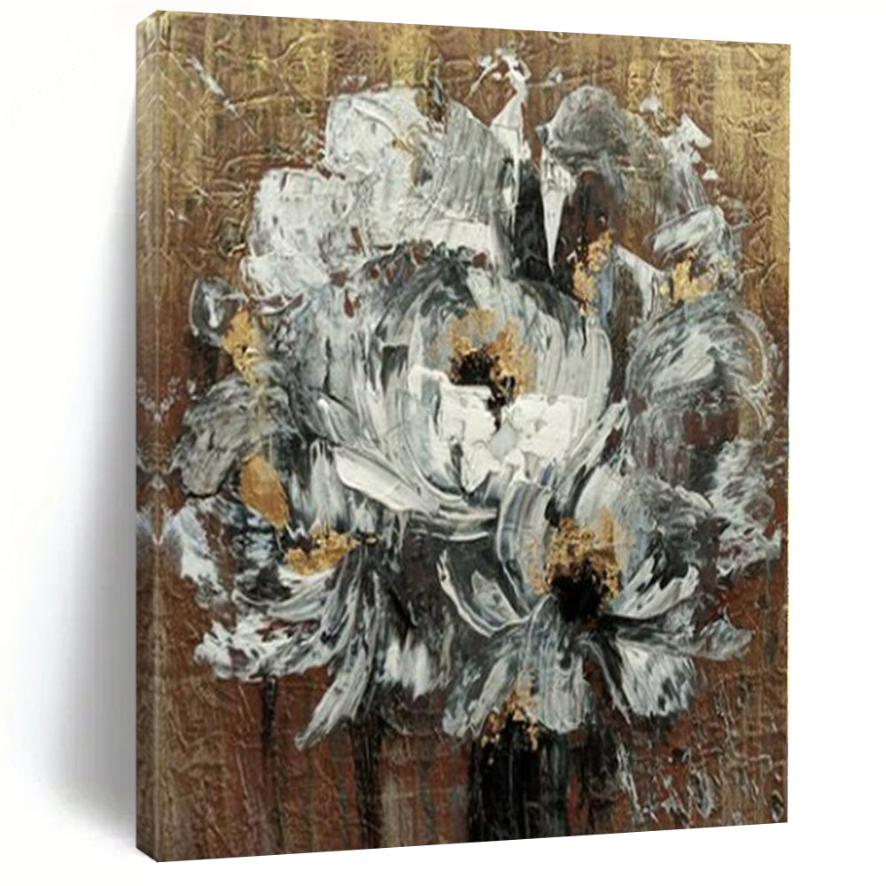 White, Gray, Gold with Textured Flowers "Gilded Blooms" Abstract Floral Painting On Canvas PS1194