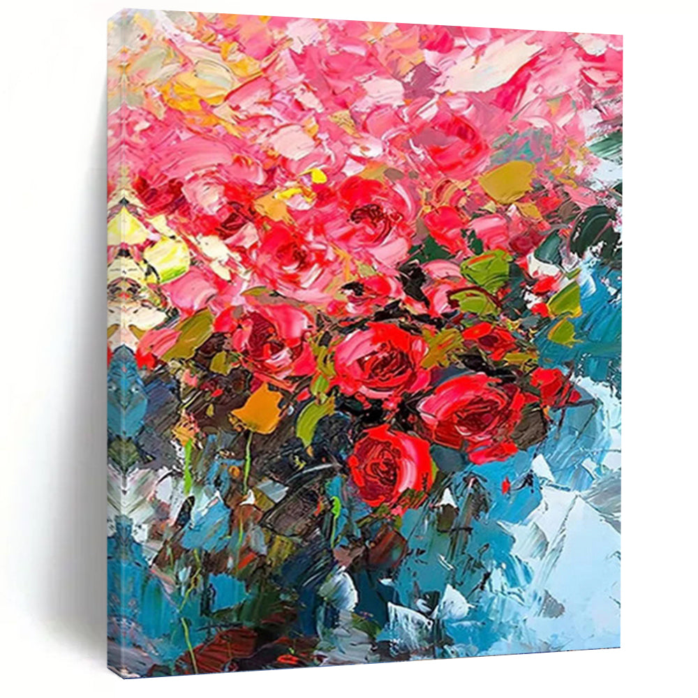 “Vibrant Pink Flowers in Blue Vase” - Impressionist - Inspired Floral Painting On Canvas PT1432